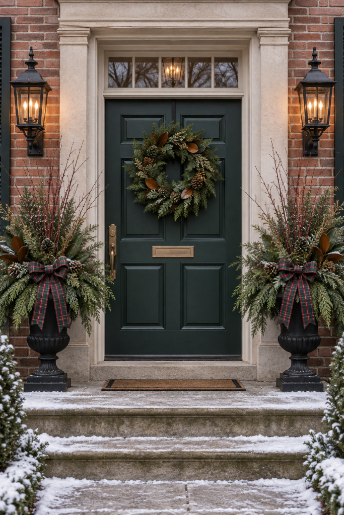 Green front door flanked by evergreen urns, tartan bows, lanterns, and a wreath.