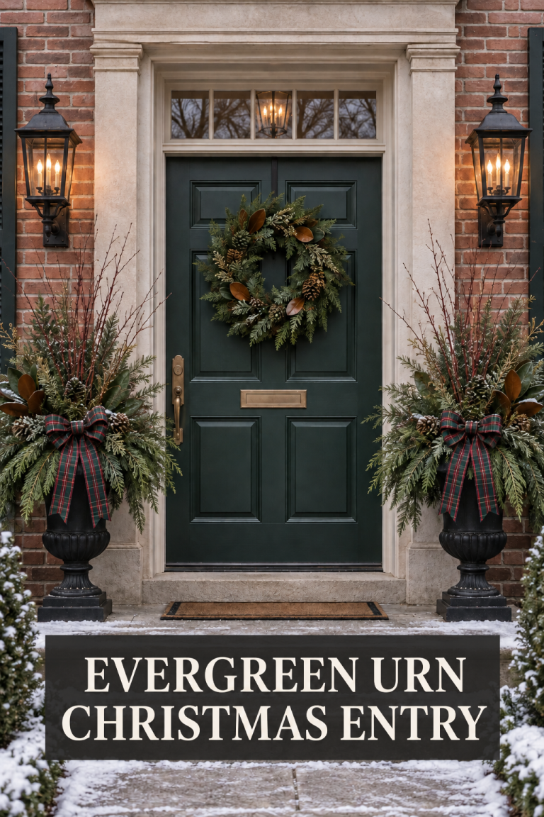 Green front door flanked by evergreen urns, tartan bows, lanterns, and a wreath.