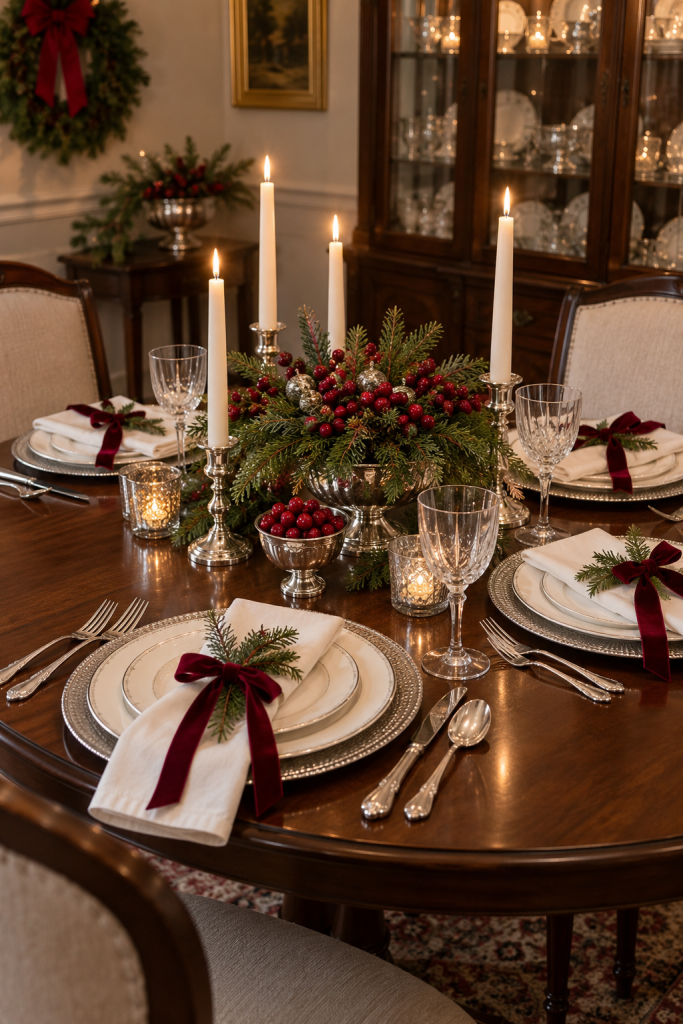 Christmas table with cranberry greenery, silver compotes, ivory china, and velvet bows.