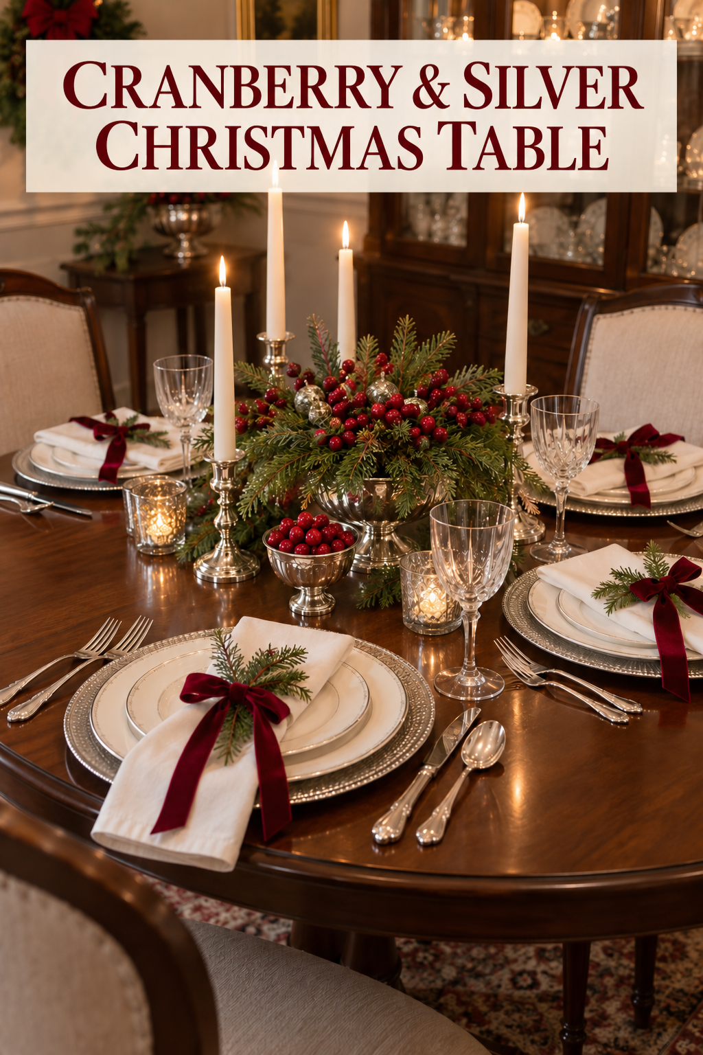 Christmas table with cranberry greenery, silver compotes, ivory china, and velvet bows.
