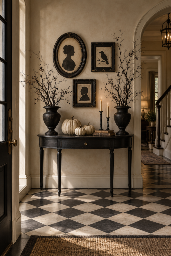 Black urns, ivory pumpkins and silhouette art in a traditional Halloween foyer.