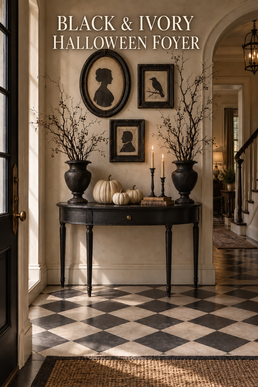 Black urns, ivory pumpkins and silhouette art in a traditional Halloween foyer.
