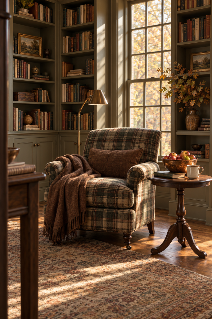 Plaid chair, chestnut throw and copper apple bowl in a sunlit fall library.