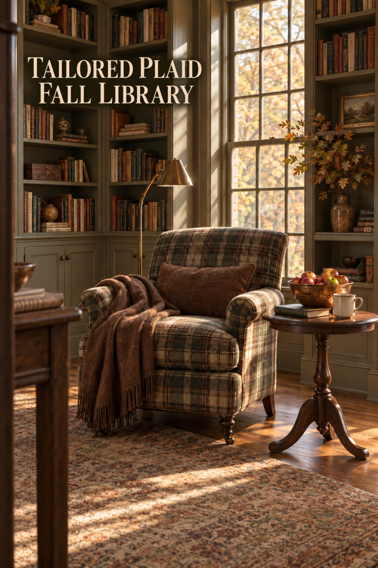 Plaid chair, chestnut throw and copper apple bowl in a sunlit fall library.