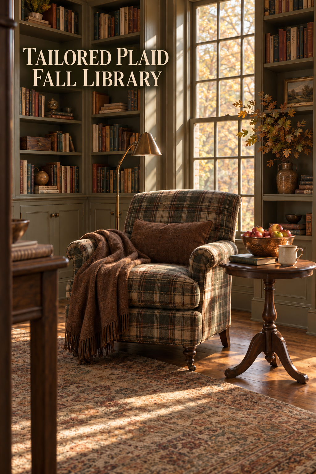 Plaid chair, chestnut throw and copper apple bowl in a sunlit fall library.