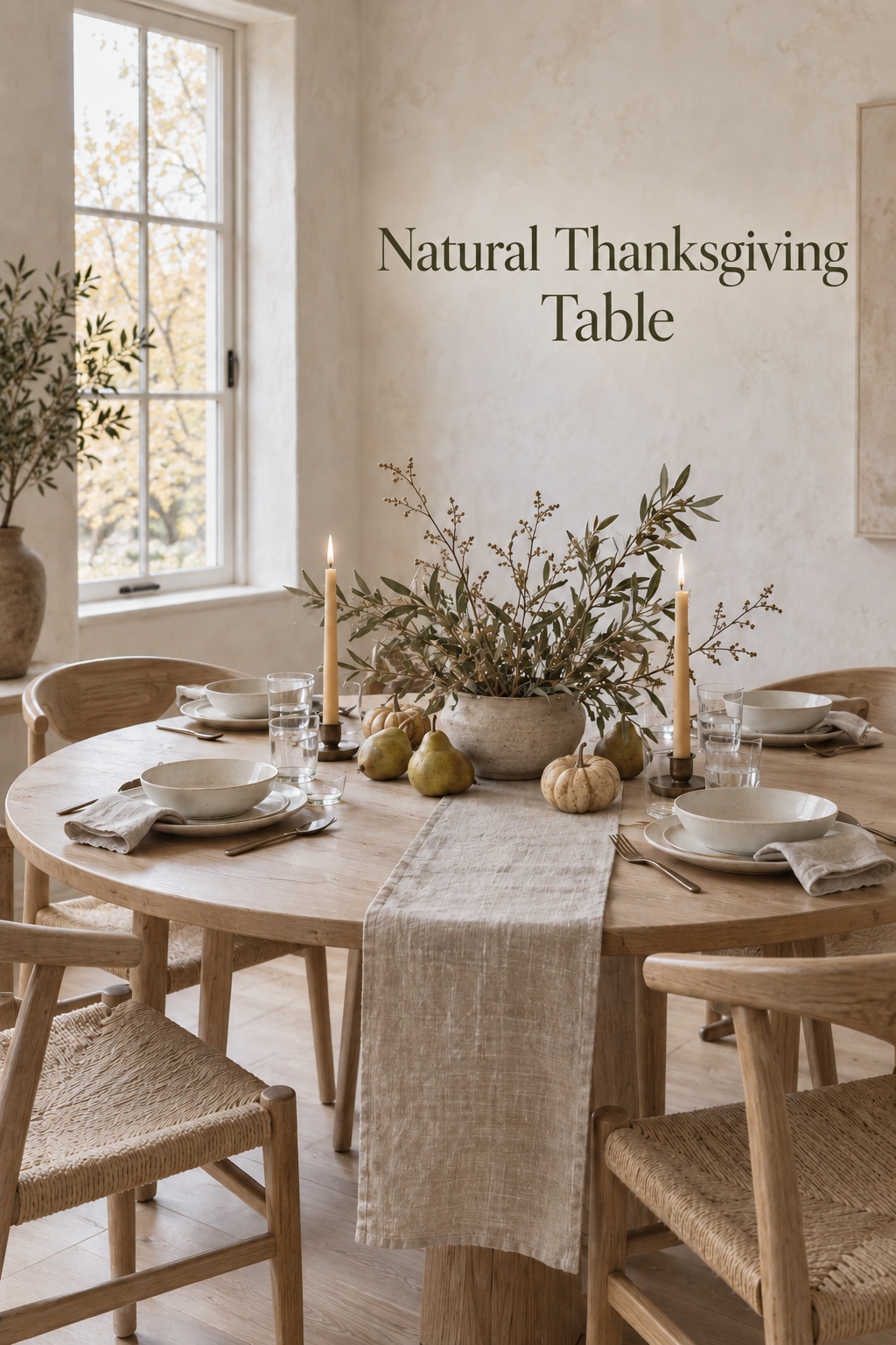 Natural linen Thanksgiving table with olive branches, pears, and cream stoneware.