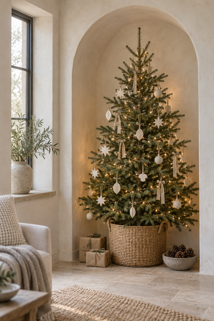 Organic Christmas tree with clay ornaments and linen ribbon in a plaster alcove.