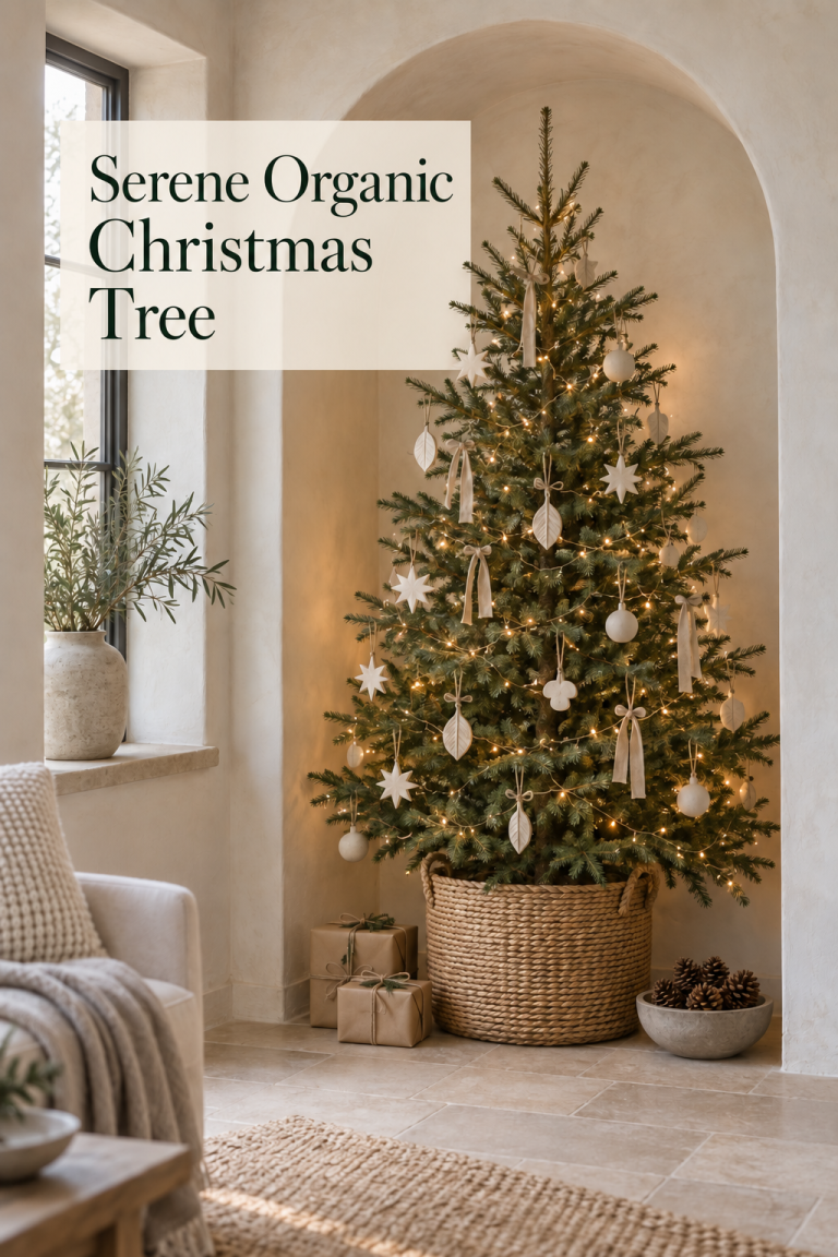 Organic Christmas tree with clay ornaments and linen ribbon in a plaster alcove.