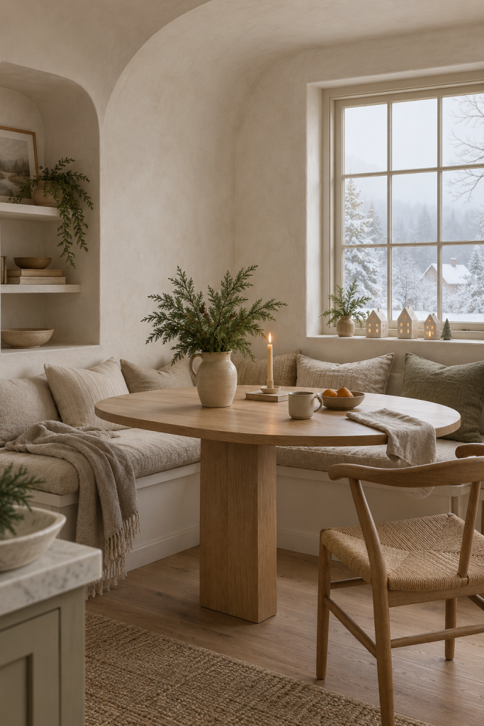 Neutral winter breakfast nook with cedar, oatmeal linens and ceramic houses.
