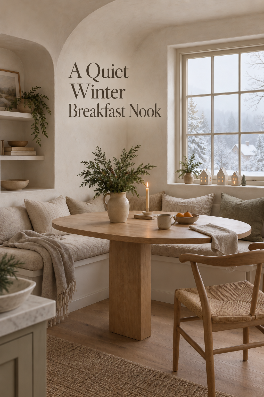 Neutral winter breakfast nook with cedar, oatmeal linens and ceramic houses.