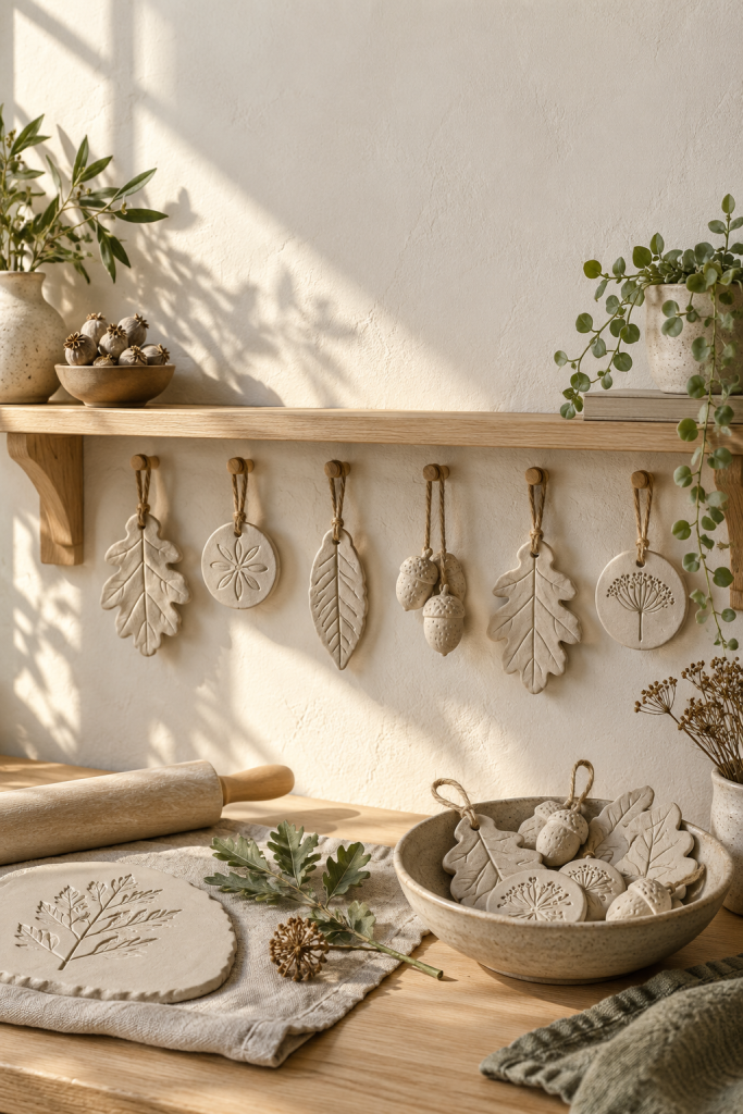Botanical air-dry clay ornaments with leaf impressions and jute hanging loops