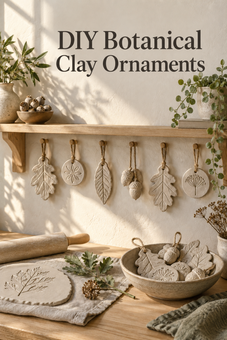 Botanical air-dry clay ornaments with leaf impressions and jute hanging loops