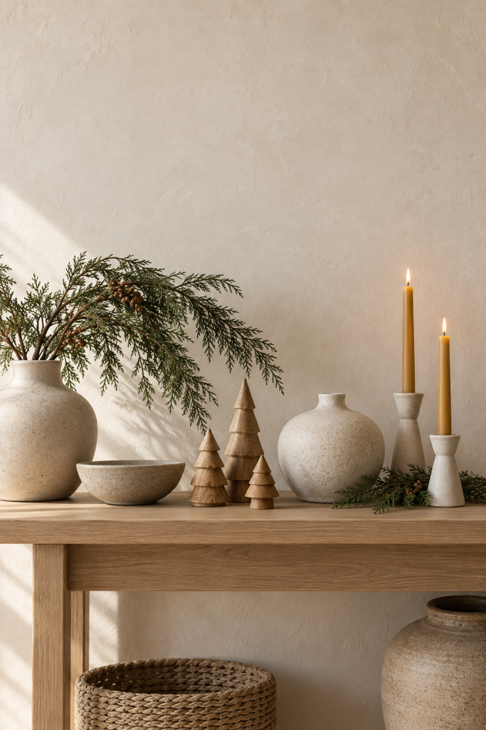 Pale oak holiday console with stoneware vessels, wood trees and cedar.