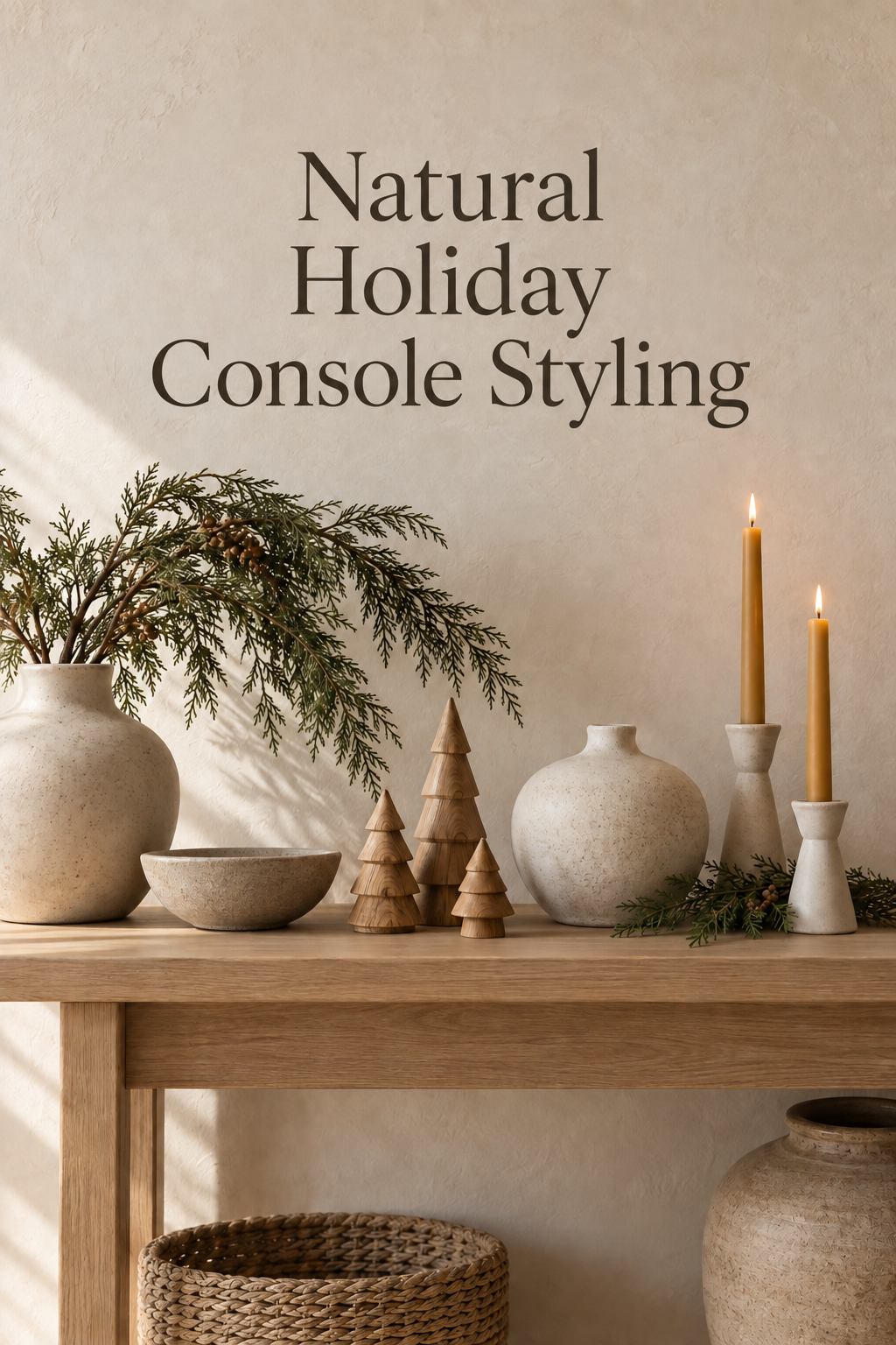 Pale oak holiday console with stoneware vessels, wood trees and cedar.