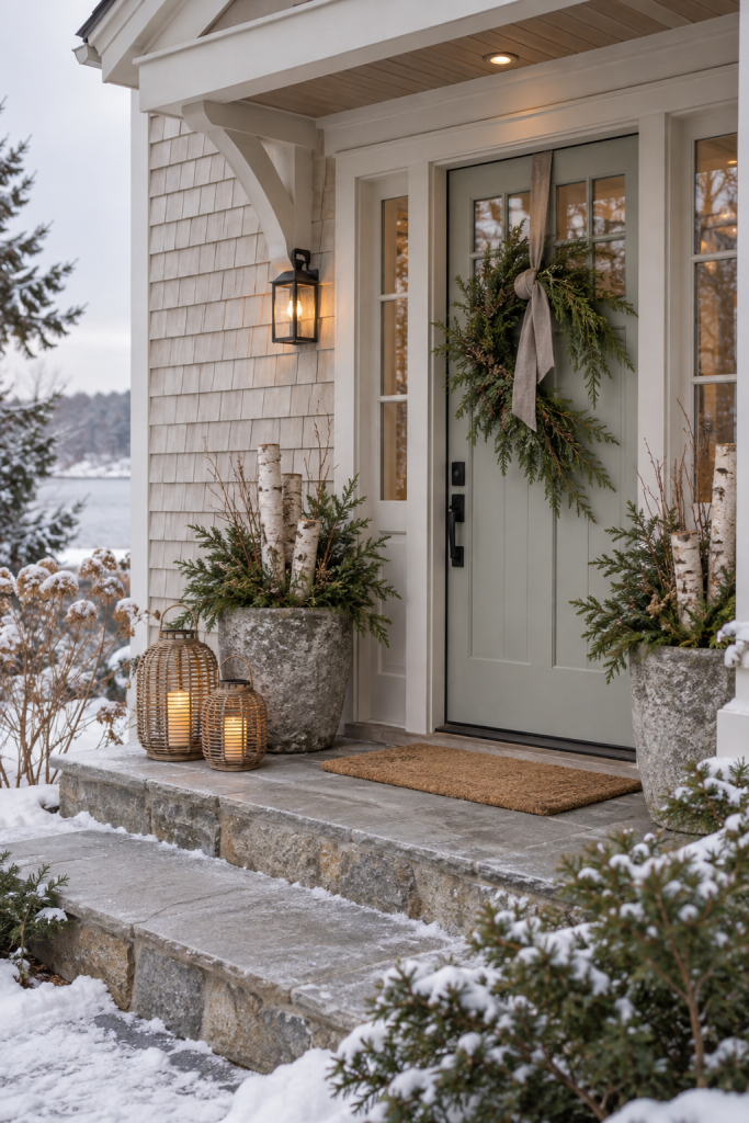 Pale cottage entry with cedar wreath, birch planters and woven lanterns.