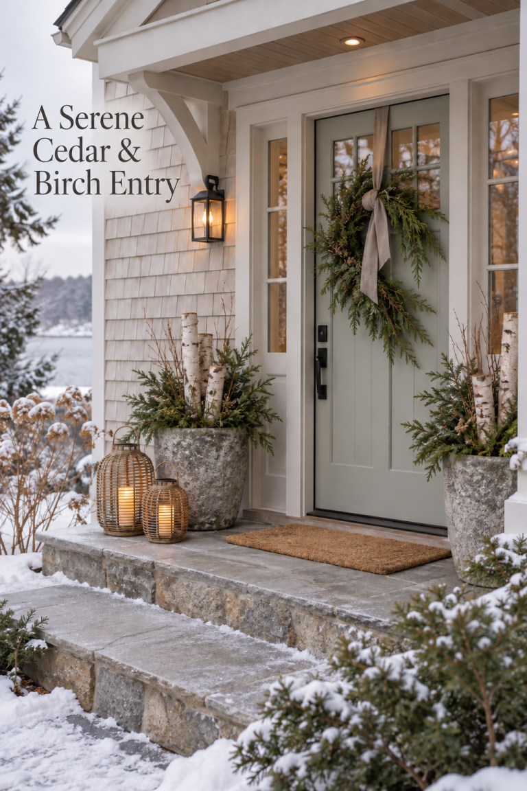 Pale cottage entry with cedar wreath, birch planters and woven lanterns.