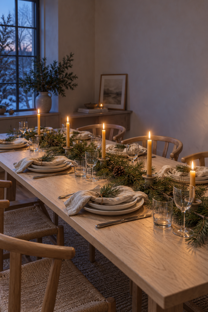 Oak Christmas table with pine runner, flax napkins and beeswax candles.