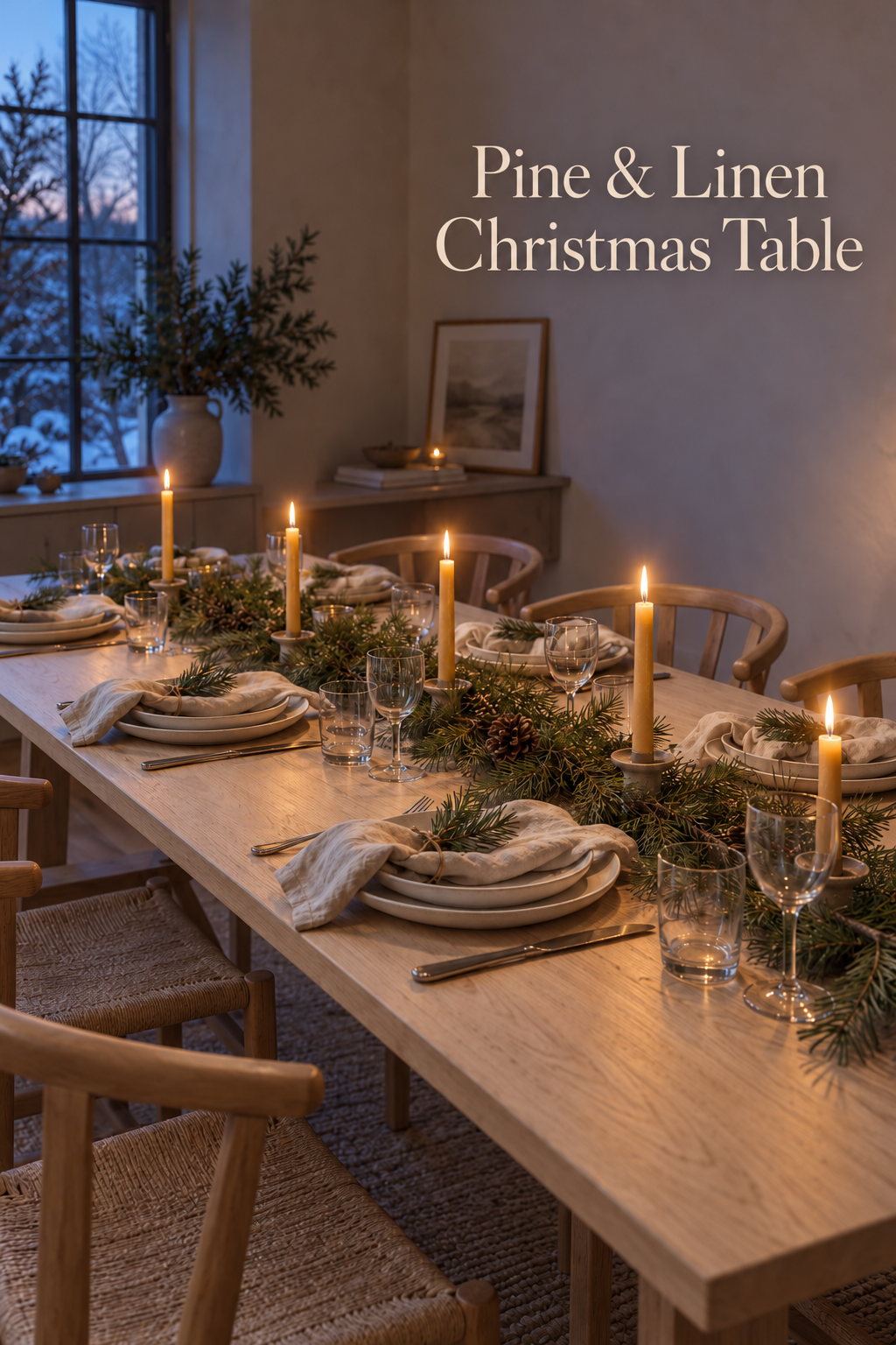 Oak Christmas table with pine runner, flax napkins and beeswax candles.