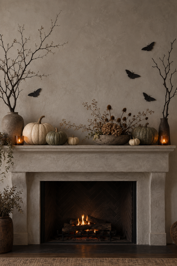 Plaster Halloween mantel with pale pumpkins, dried stems and black moths.