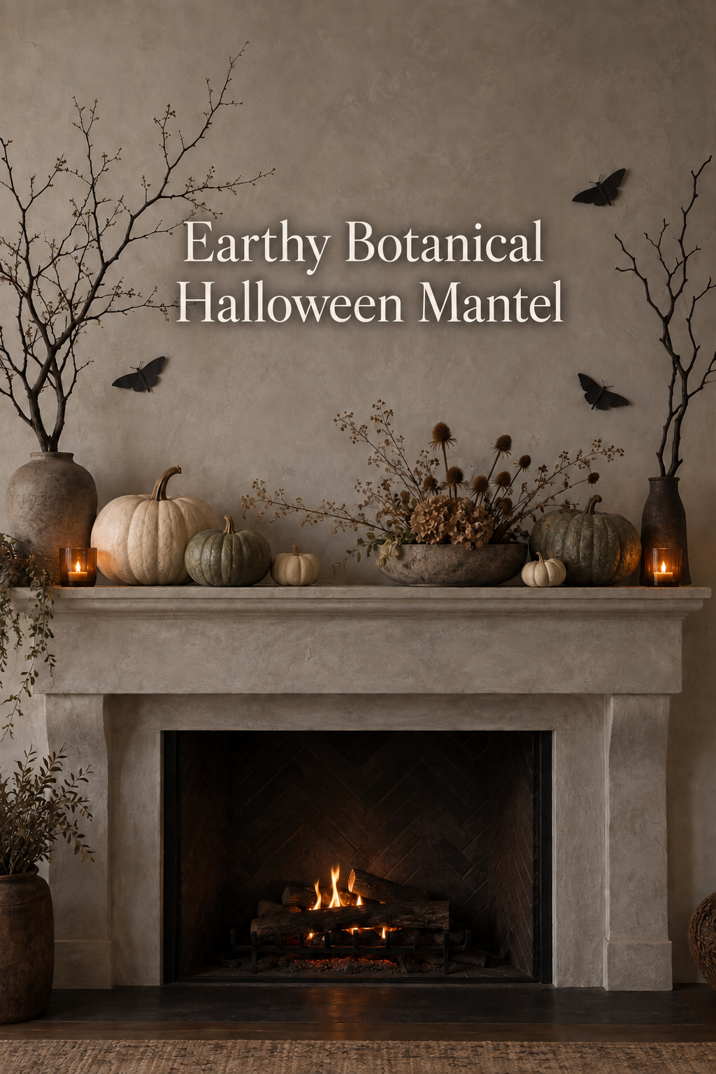 Plaster Halloween mantel with pale pumpkins, dried stems and black moths.