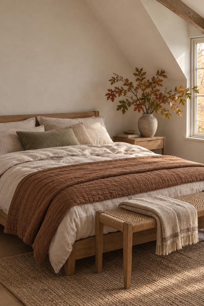 Airy attic bedroom with clay quilt, flax bedding and autumn oak branches.