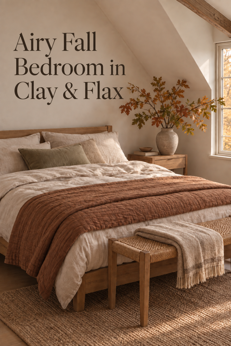 Airy attic bedroom with clay quilt, flax bedding and autumn oak branches.
