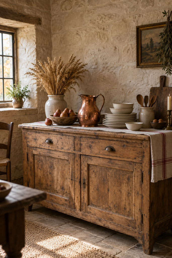 Weathered pine sideboard styled with copper, cream crockery, wheat and pears.