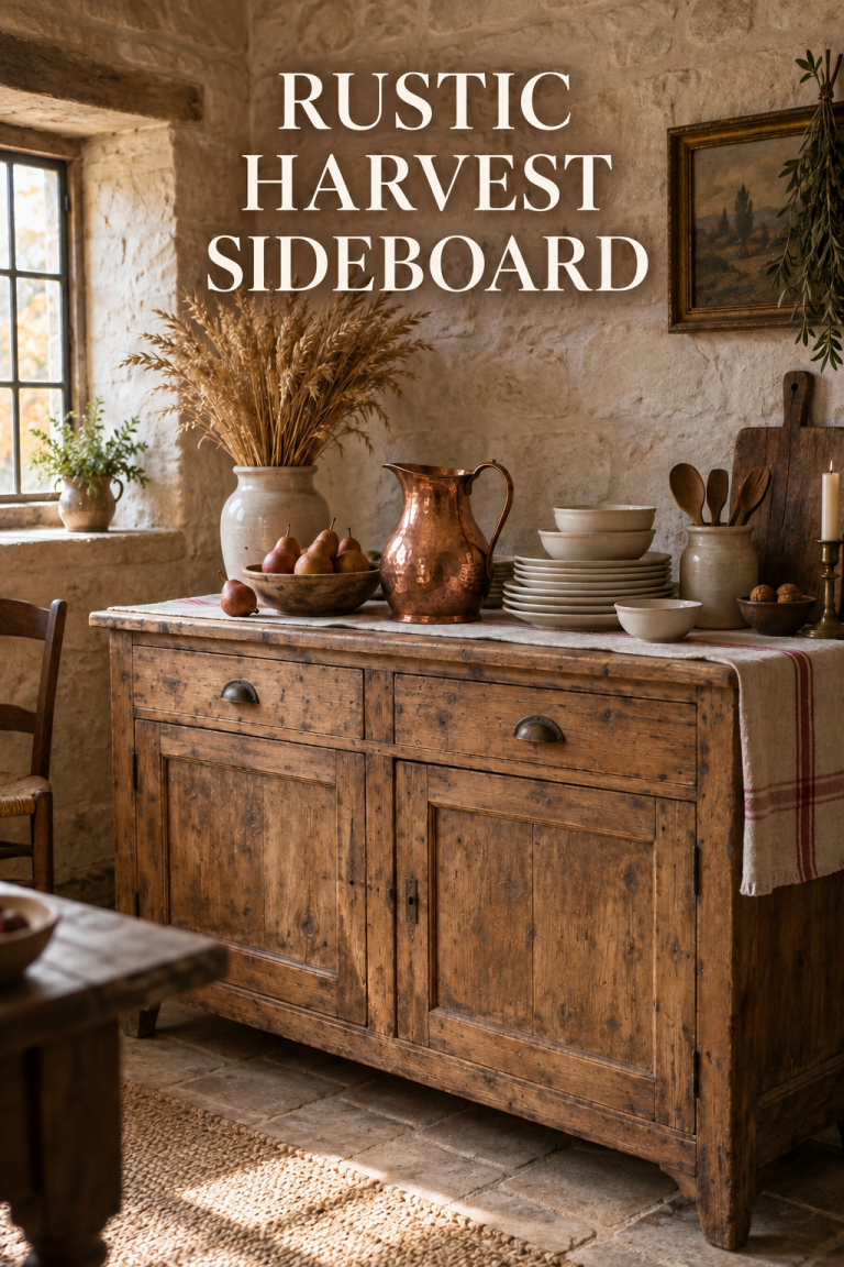Weathered pine sideboard styled with copper, cream crockery, wheat and pears.