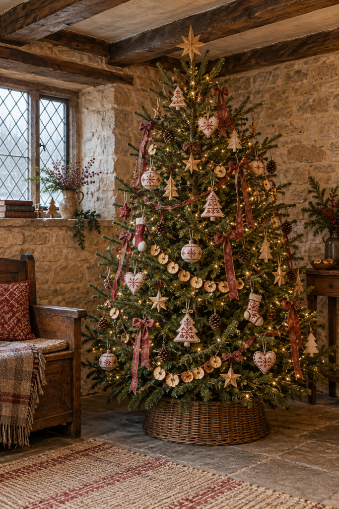 Stone cottage Christmas tree with redwork ornaments, wood stars and apple garland.