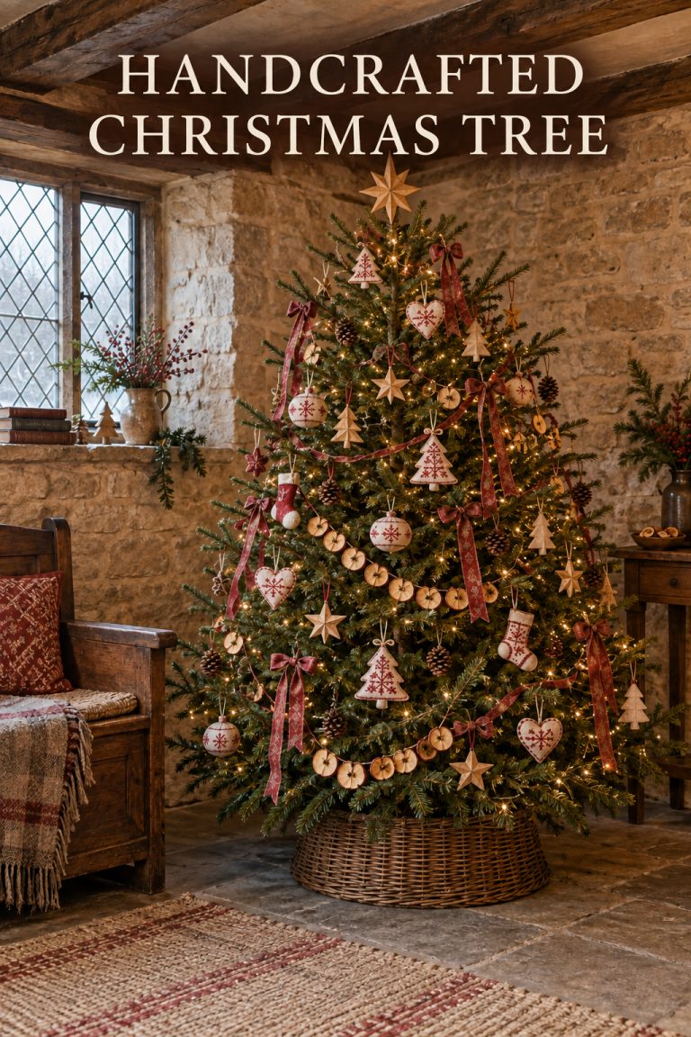 Stone cottage Christmas tree with redwork ornaments, wood stars and apple garland.