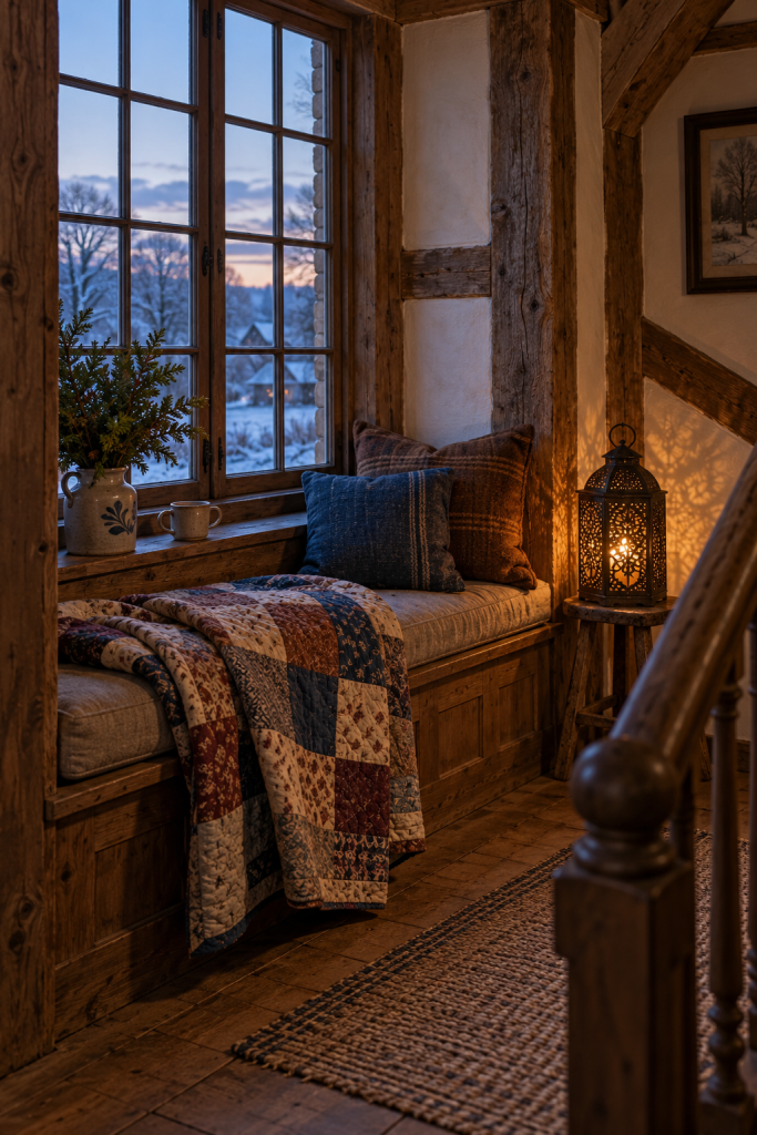 Timber window nook with a patchwork quilt, wool cushions and glowing metal lantern.