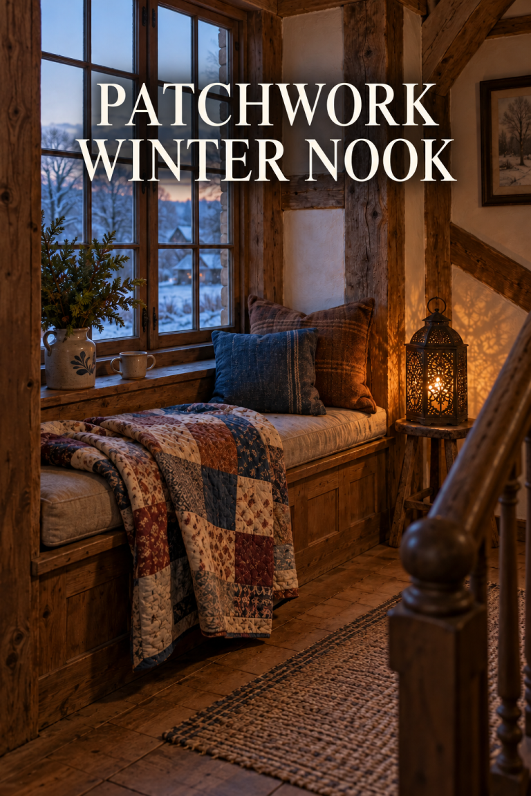 Timber window nook with a patchwork quilt, wool cushions and glowing metal lantern.