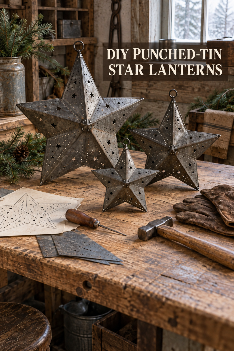 Punched-tin star lanterns with hand tools on a rustic pine workbench.