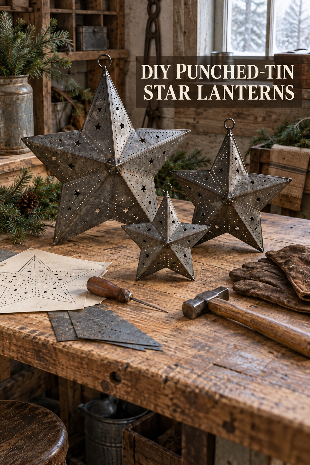 Punched-tin star lanterns with hand tools on a rustic pine workbench.