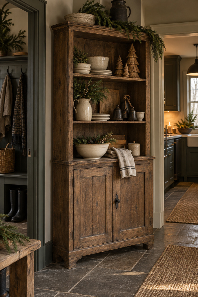 Weathered wood pantry styled with stoneware, carved trees, bells and cedar.