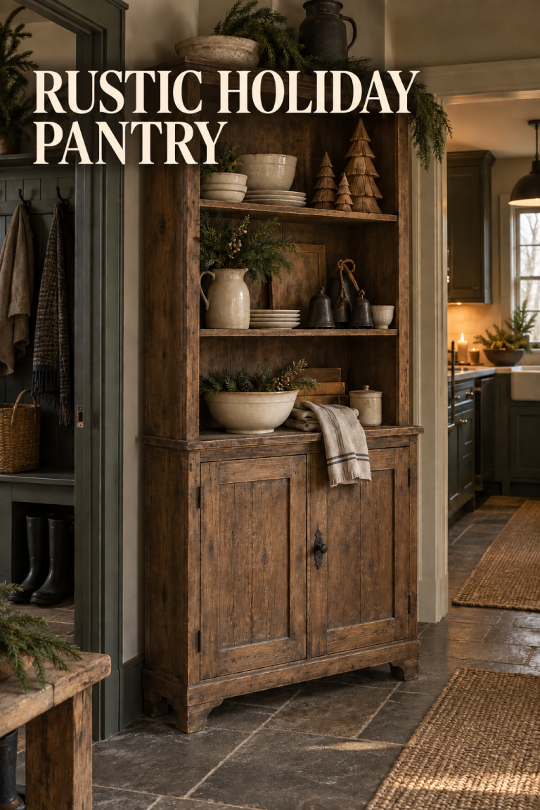 Weathered wood pantry styled with stoneware, carved trees, bells and cedar.