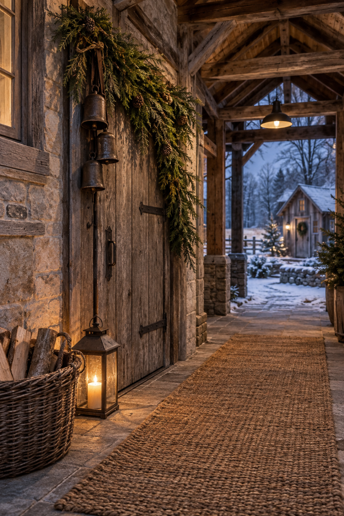 Cedar swag and iron bells decorate a timber breezeway with lantern and runner.