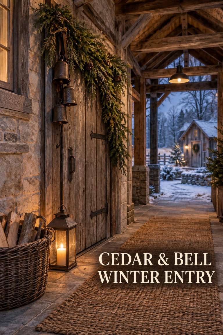 Cedar swag and iron bells decorate a timber breezeway with lantern and runner.