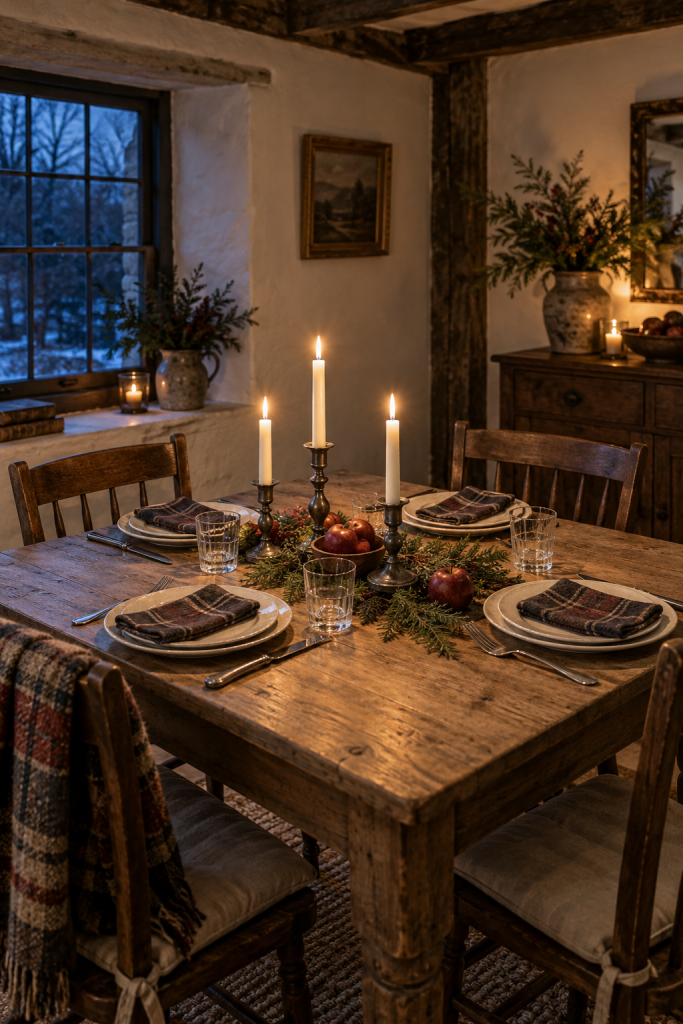 Plaid supper table with pewter candles, cedar, apples and cream plates.