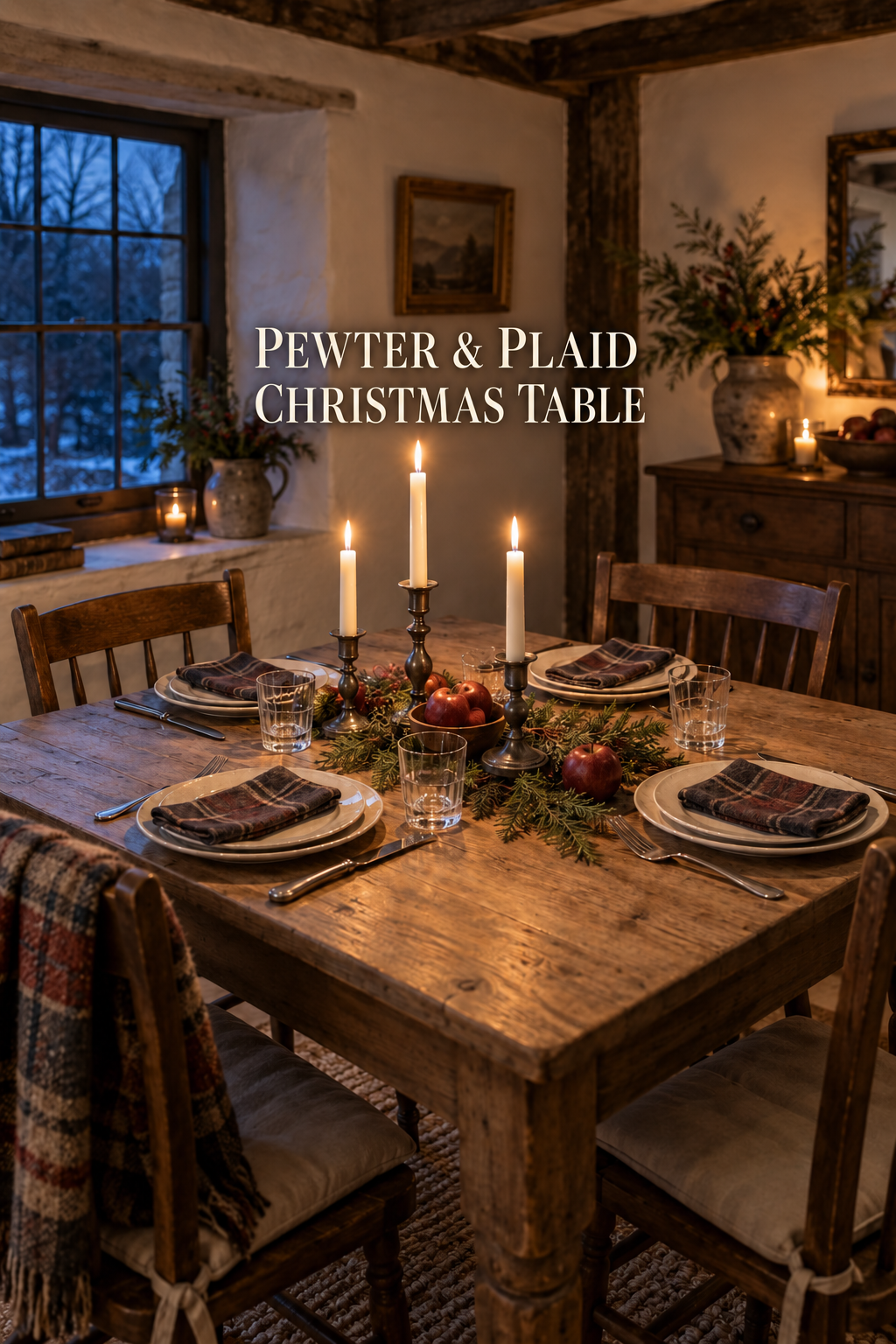 Plaid supper table with pewter candles, cedar, apples and cream plates.