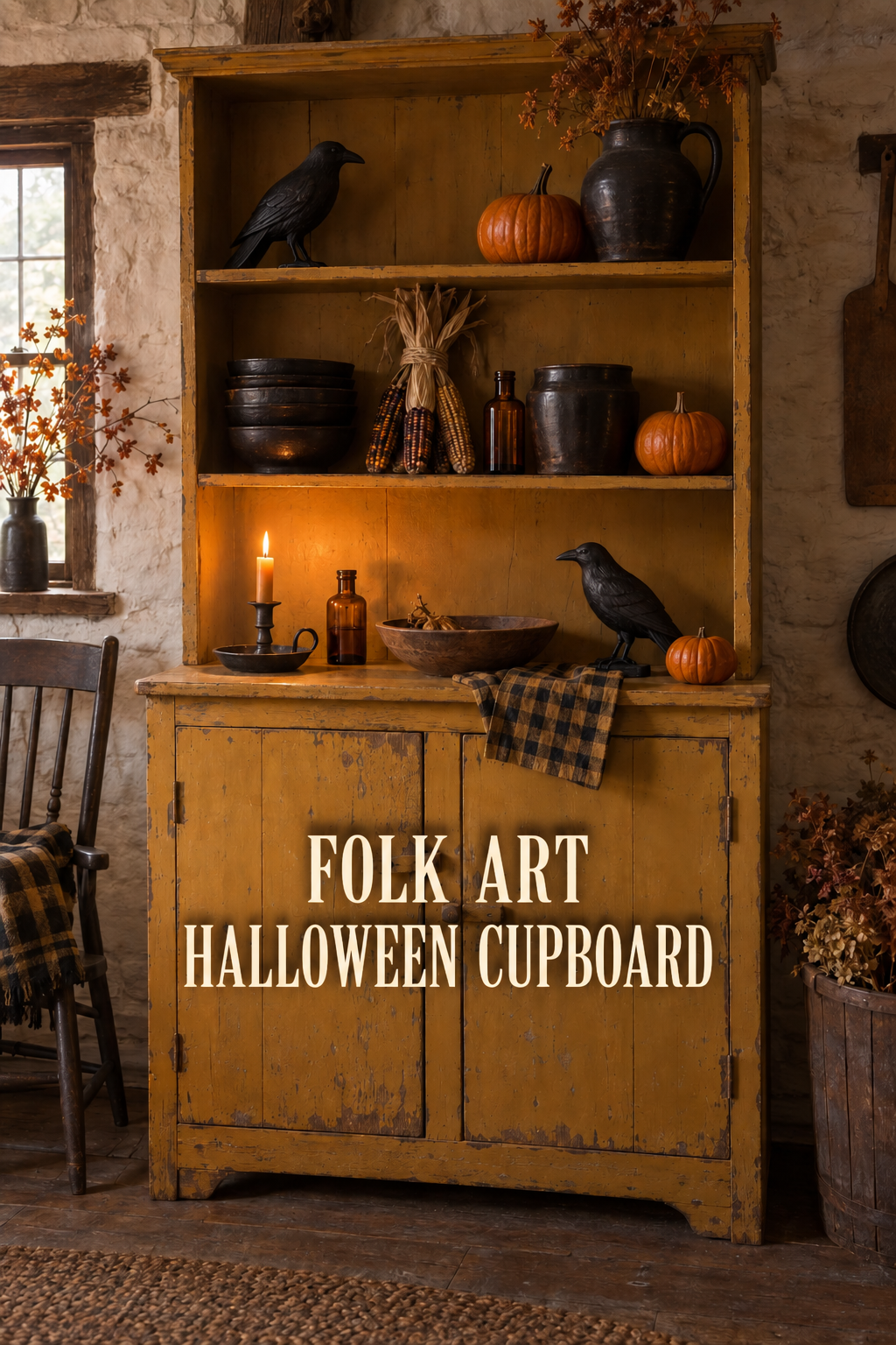 Mustard cupboard with black ravens, pumpkins, corn and dark pottery.