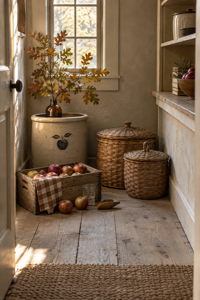 Fall pantry with apple crock, woven baskets, crate and oak branches.