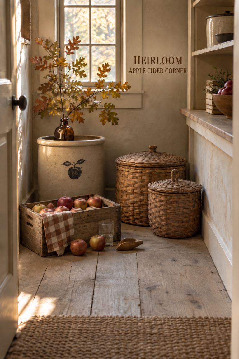 Fall pantry with apple crock, woven baskets, crate and oak branches.
