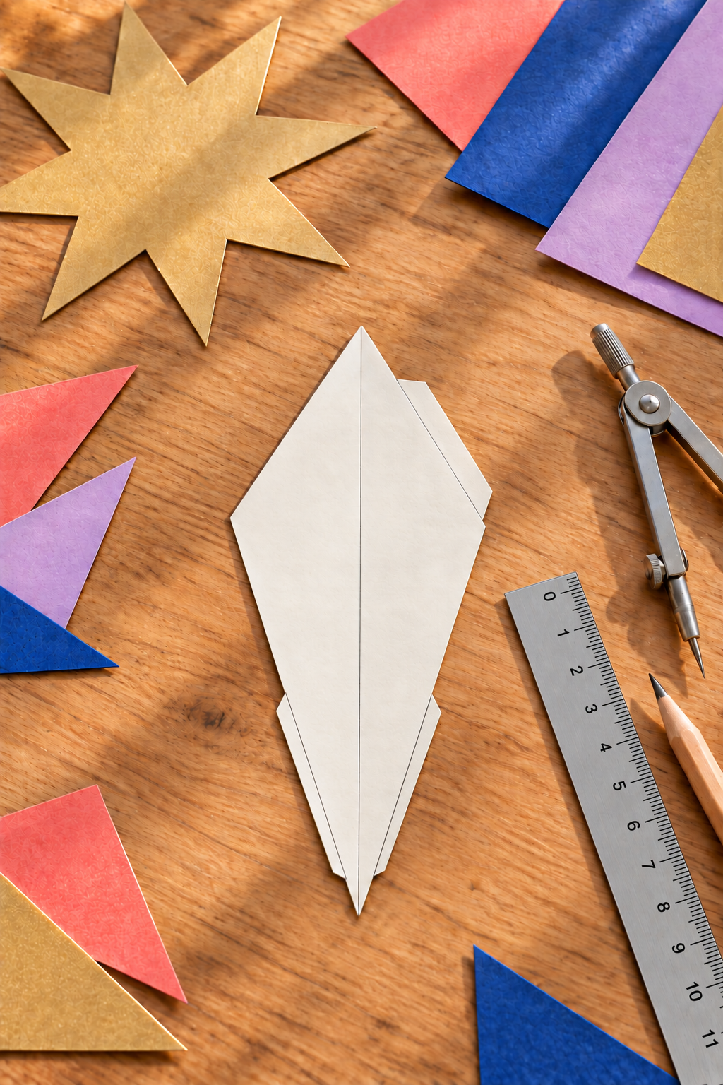 A two-face paper star pattern with glue tabs lies beside a ruler and compass.