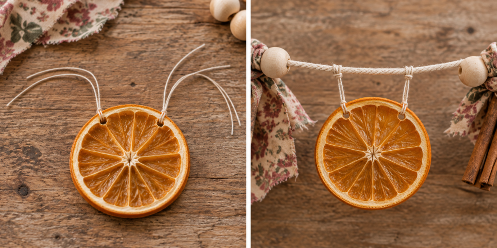 Dried orange slice threaded at two upper points and suspended from a cotton cord.