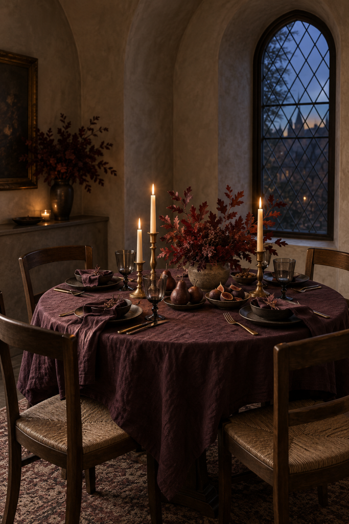Plum Thanksgiving table with brass tapers, smoky goblets, figs and dark pears.