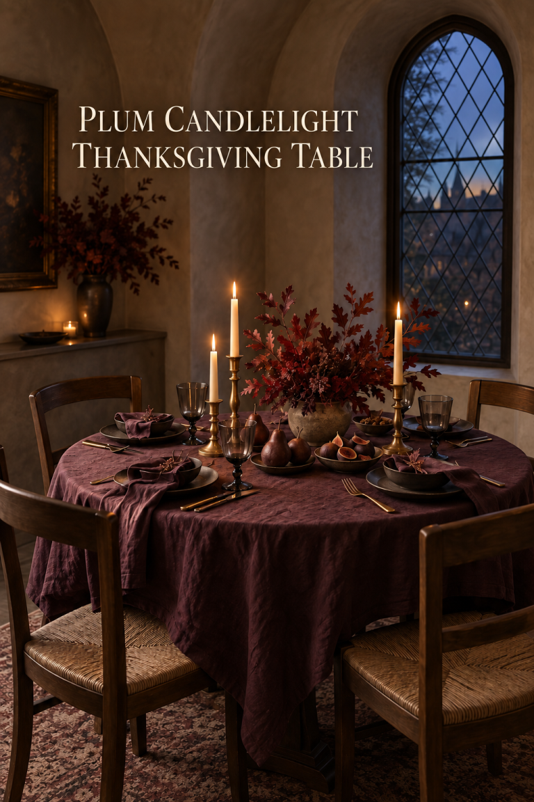 Plum Thanksgiving table with brass tapers, smoky goblets, figs and dark pears.