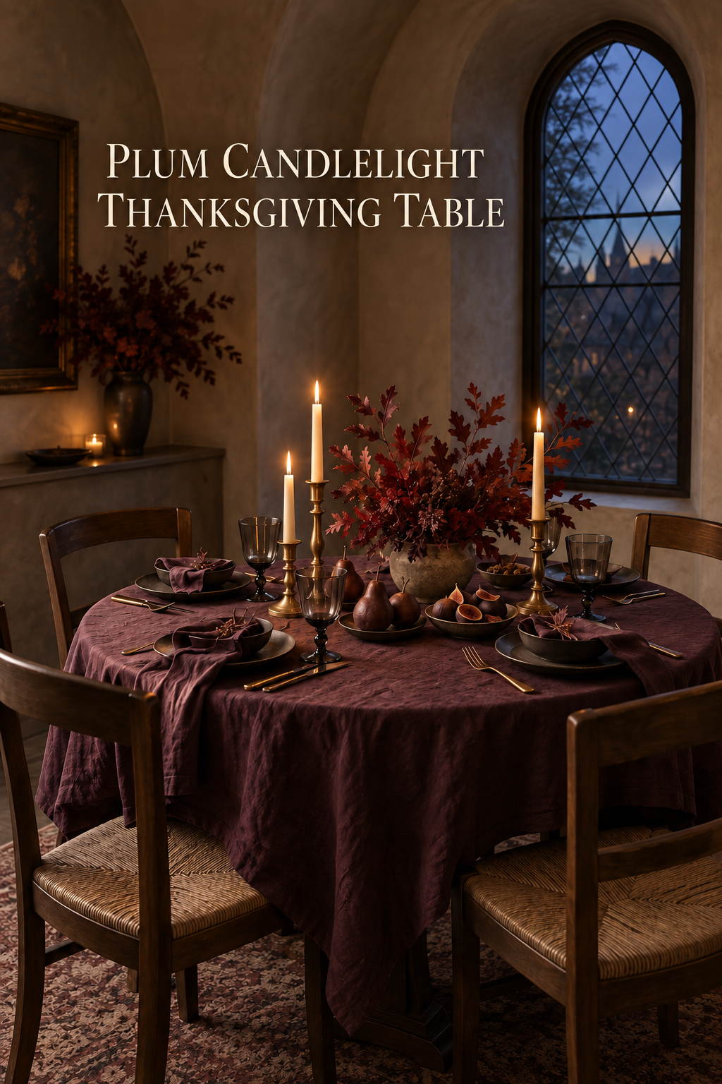 Plum Thanksgiving table with brass tapers, smoky goblets, figs and dark pears.