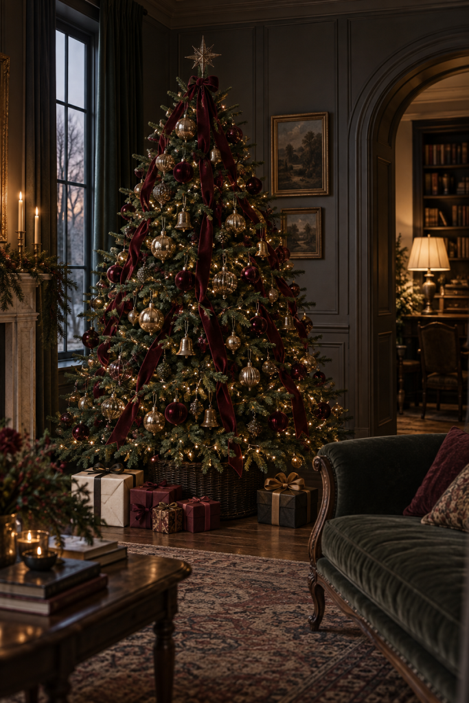 Christmas tree with burgundy velvet ribbon, gold ornaments and warm lights in a dark salon.
