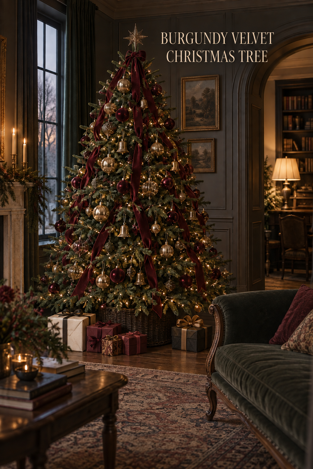 Christmas tree with burgundy velvet ribbon, gold ornaments and warm lights in a dark salon.